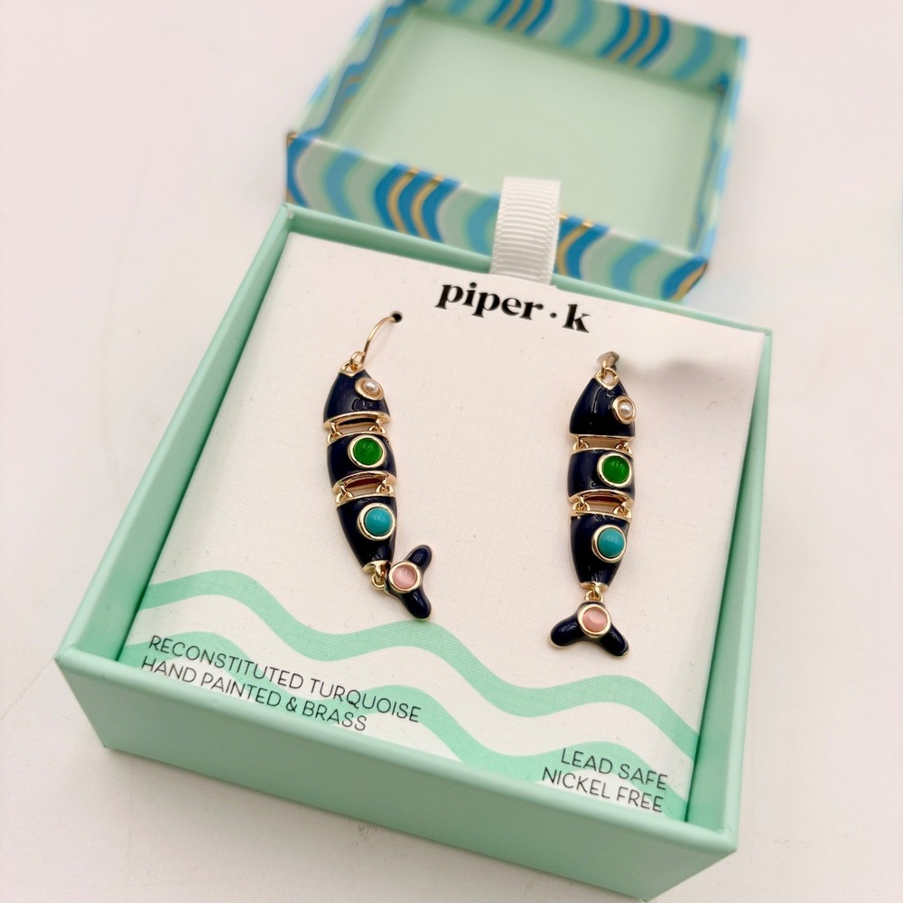Piper K Fish Drop Earrings Navy Blue Hand Painted Brass Reconstituted Turquoise